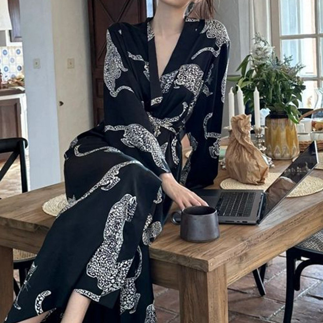 긴팔 블랙 레오파드 로브 슬립 가운 호텔 수영장 샤워 가운 비치 해변 슬립 로브 (4322)