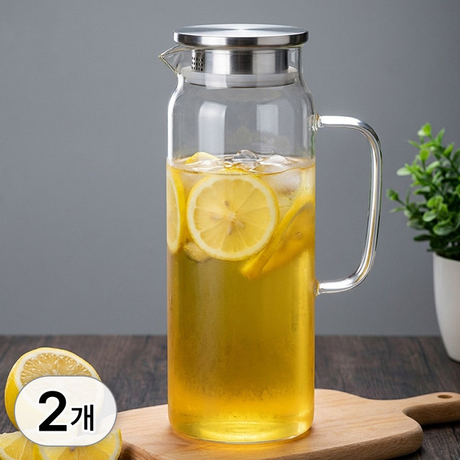 투데이리빙 2개 세트 1.8L 스텐 뚜껑 손잡이 내열 유리 저그 보냉병 보온병 카페 글라스 물병 보틀 차거름망 필터 홈카페 냉장고 유리병, 투명