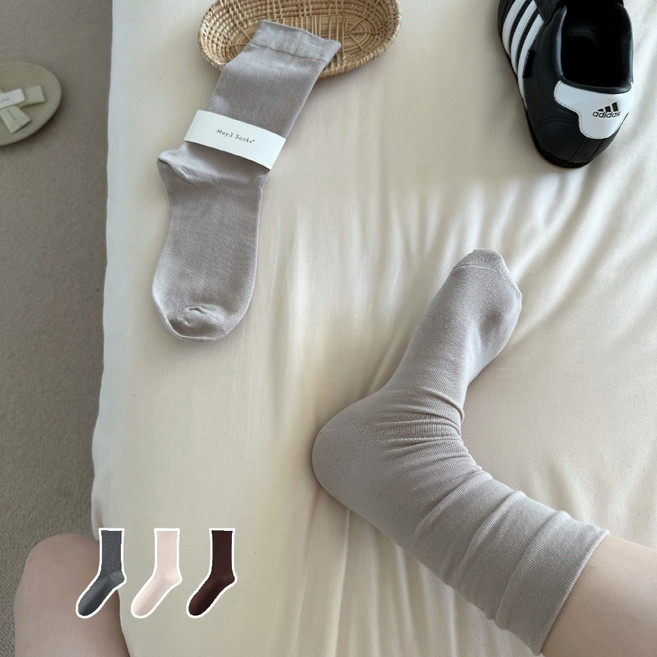 May 3 Socks 여성용 순색 무압박 겨울 양말 중목 양말 장목 양말 중목 양말 운동 면 양말 3족 세트