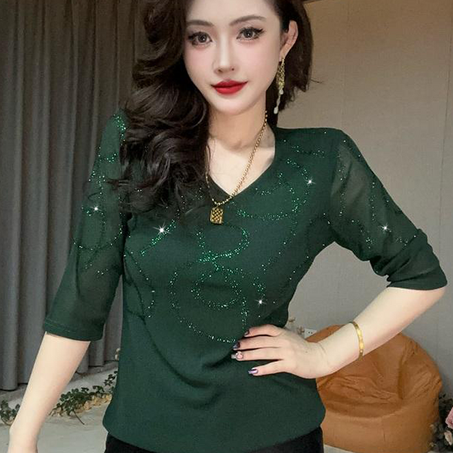 페이준 여성 봄 가을 망사 핫픽스 블라우스 슬림핏 캐주얼 칠부 소매 빅사이즈 댄스복 티셔츠 LN088