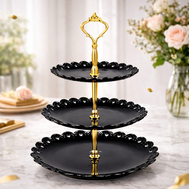3단 디저트 플레이트 스탠드, 검은색, 1개