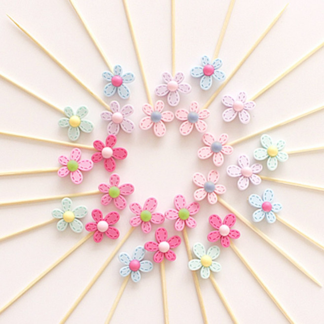 미니플라워 파스텔 데코 파티픽 케이크토퍼, 24개