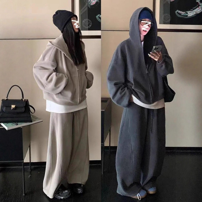 FINE ART 여자 빅사이즈 후드집업 와이드팬츠 상하세트 오버핏 트레이닝세트 츄리닝 투피스 후드티 + 배기바지