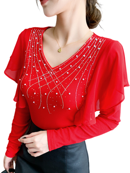 여성용 라인댄스복 스포츠댄스복 여자 상의 브이넥 핫피스 티셔츠 공연복 뉴타임즈 Women's T-shirt F2508031