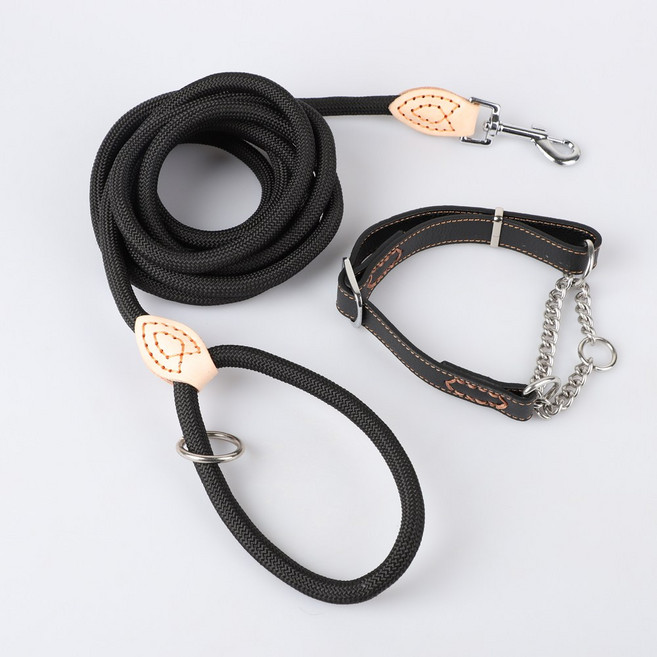 모즈펫 강아지 가죽목줄+리드줄, 1세트, 반초크 블랙