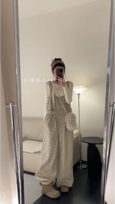 여성 멜빵 바지 캐주얼 봄 가을 하이웨이스트 슬랙스 팬츠 기질 루즈핏 도트 멜빵 팬츠 RSH