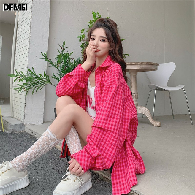 DFMEI ~網紅格子寬鬆休閒長袖襯衫