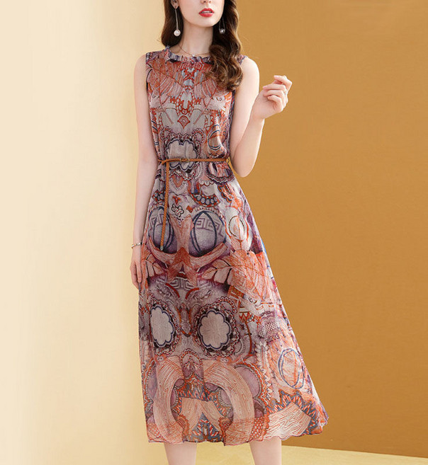 [항공배송] 패션 민소매 실크 원피스 2021 여름 새로운 목조 귀 칼라 인쇄 레이스 업 허리 뽕나무 실크 원피스