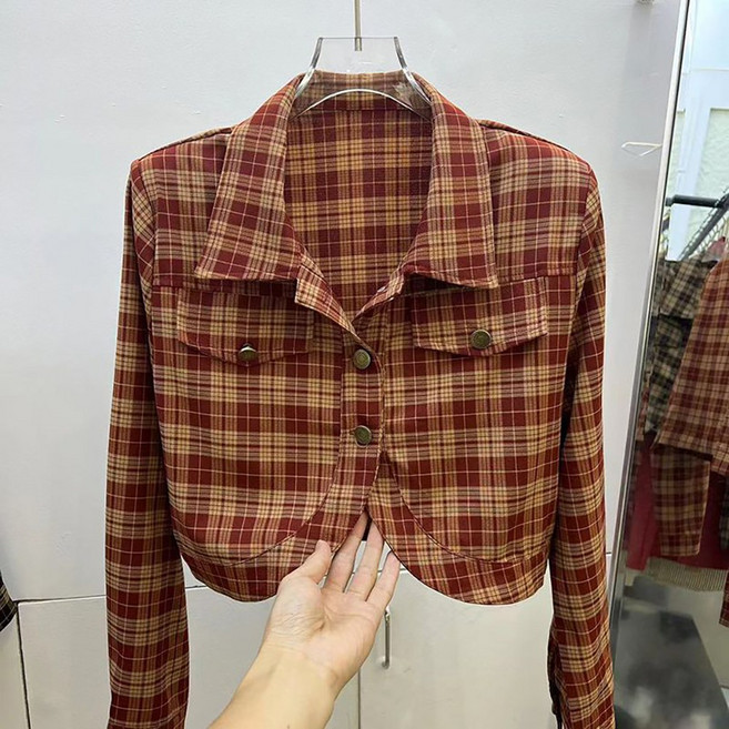 MOSAIRATION 여성 체크 패턴 카라넥 숏기장 긴팔 캐주얼 셔츠 자켓 K0011217