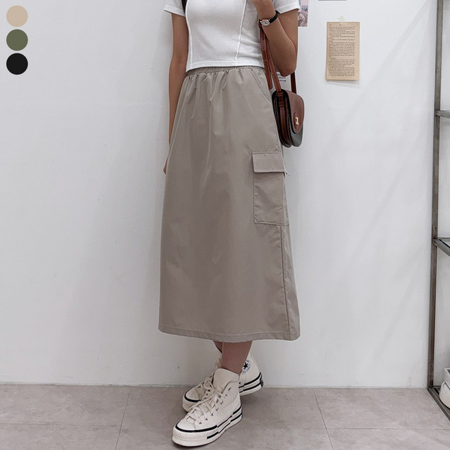 블레스유 여성용 롱기장 카고 주머니 뒷밴딩 바스락 롱 스커트 롱치마 데일리룩 베이직룩 빅사이즈까지