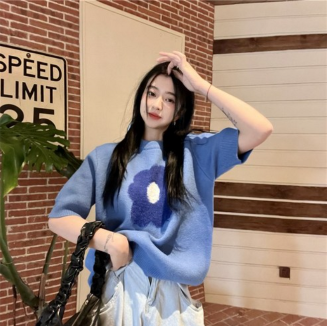 꽃 라운드넥 반팔 루즈핏 니트 티셔츠