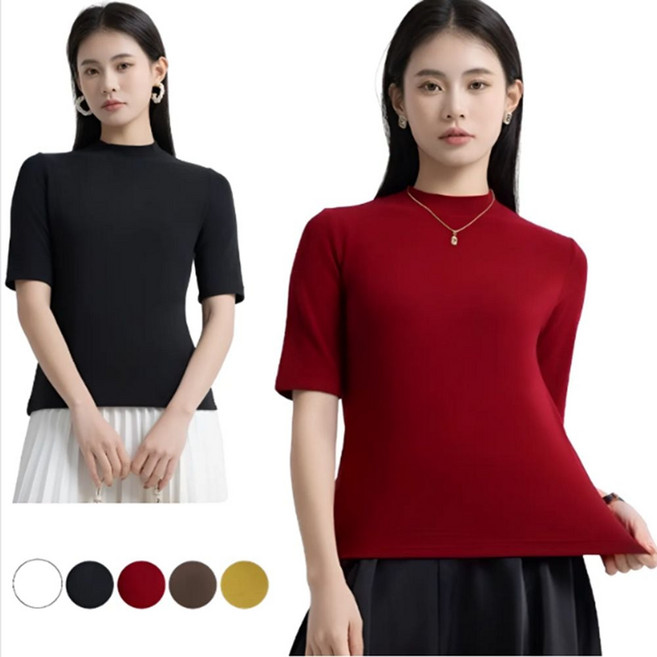 여성 텐셜 쫀쫀 슬림 스판 5부 레이어드 라운드 티 inh+567UG