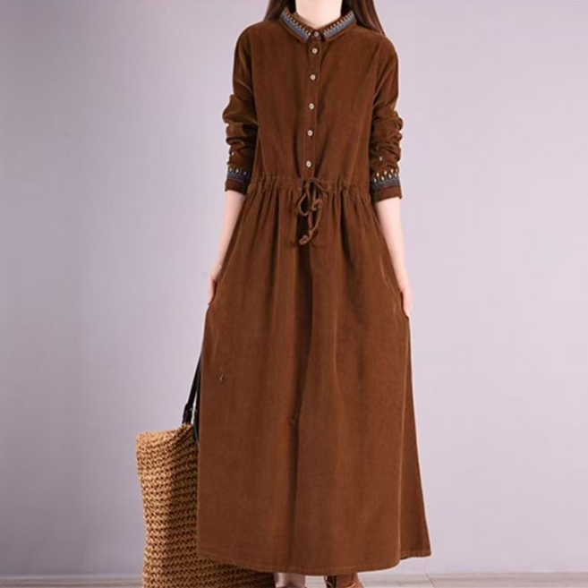 오스틱니 빅사이즈 여성 셔츠형 클래식 골덴 맥시 원피스 겨울 날씬해보이는 카라 코듀로이 자수 줄무늬 여성의류 하객룩 우아한 예쁜 홈웨어 캐쥬얼 데일리 플레어 롱원피스