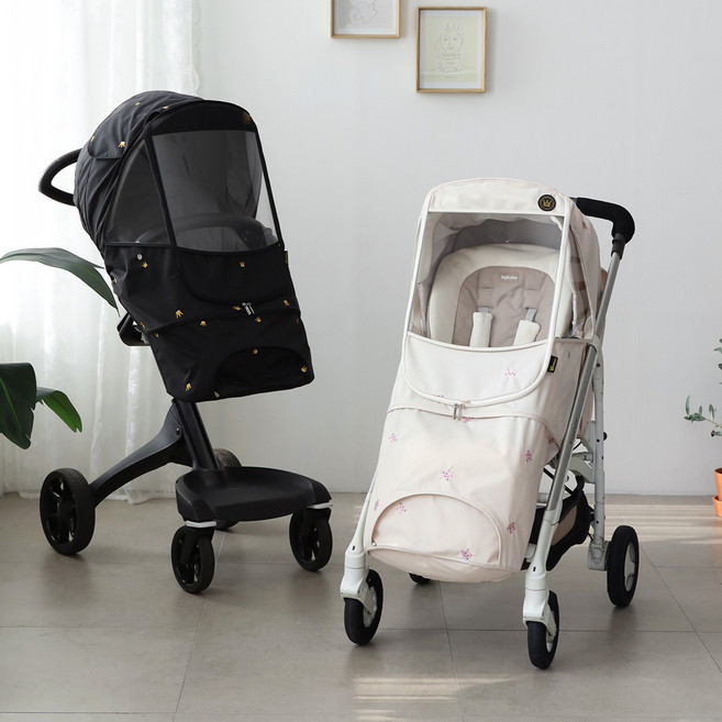 맘네스트 자수 4계절 유모차 커버 방풍 절충형 디럭스 커버, 블랙 크라운, 1개, 4계절 자수, 절충형/휴대용M