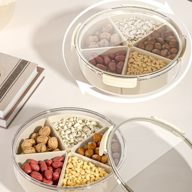 견과류 보관함 회전형 5칸 과일 야채 간식 플레이트 밀폐 용기 스낵 과일 트레이 6단 다층 칸 나누어짐 고급 가정용 거실용 견과류 사탕 디저트 보관 분할 서빙 트레이 저장 용, 1개, 흰색