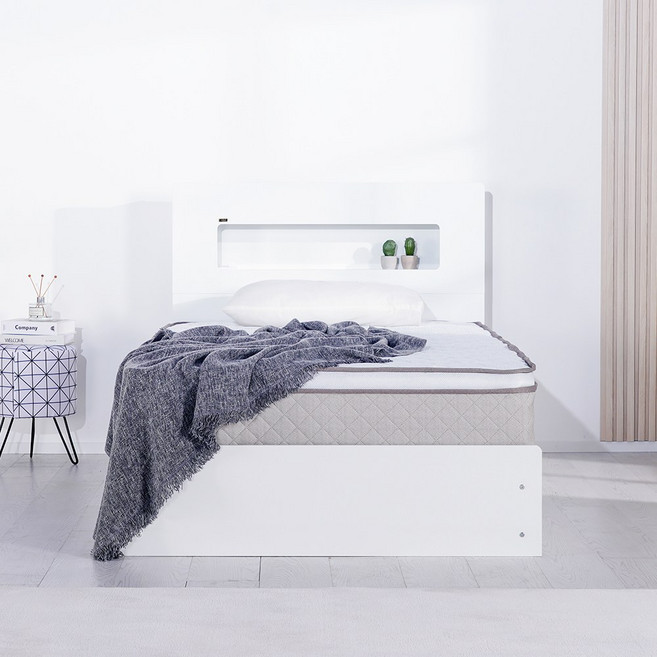 (매트포함)보루네오 국내제작 LED 멀티수납 고급형 통서랍 침대프레임 SS Q+호텔용 양면 매트리스(수도권 희망일배송 방문설치), 15.헤이즈(화이트) 6회전 본넬매트