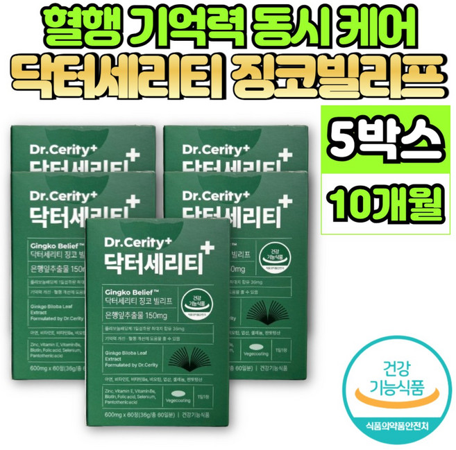 은행 잎 추출물 정 징코 GINKGO BILOBA Ginko 은행엽 은행나무 플라보놀배당체 혈행 개선 도움 영양제 아연 비타민 E B6 비오틴 엽산, 60정, 5개
