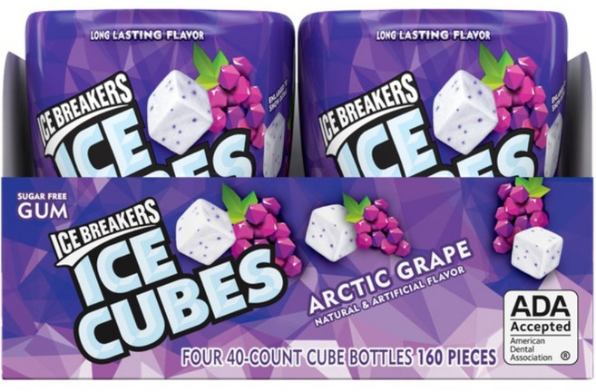 Ice Breakers 아이스 큐브 무설탕 껌 북극 포도 40개 4ct, 1개