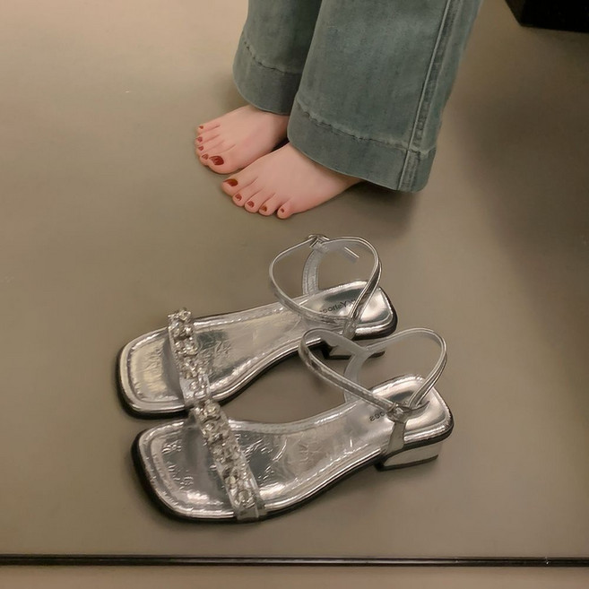 패션 여성 여름 샌들 투명 스트랩 스팽글 스퀘어토 샌들 YLP