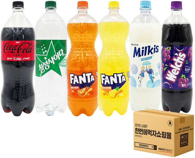 [한번에먹자] 1.5L 탄산음료 혼합세트 / 코카콜라 제로 + 칠성사이다 + 환타 오렌지 + 환타 파인애플 + 밀키스 + 웰치스 포도 / 각1개씩 총6페트, 6개