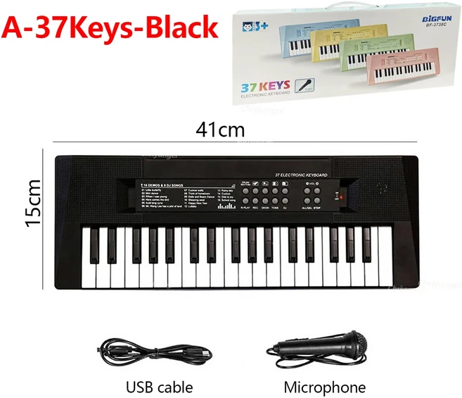 37키 어린이 전자 피아노 마이크 포함 교육용 장난감 악기 어린이 유아 소년 소녀 생일 선물, 01 A-Black