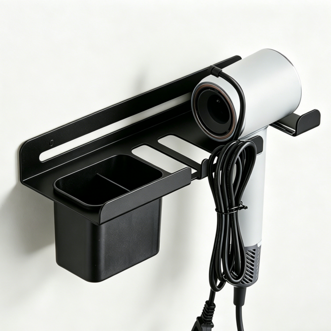 티지피 다용도 욕실 화장실 무타공 강력접착 수납형 드라이기 거치대, 블랙, 1개