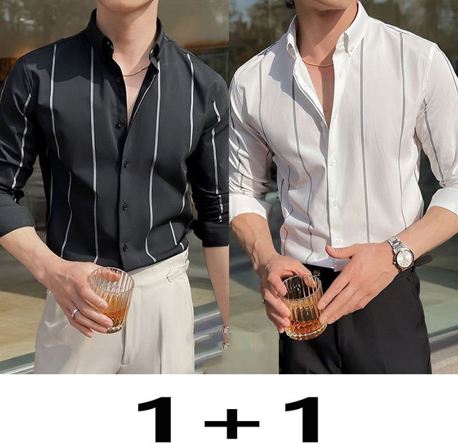 1+1 남성 반팔 셔츠 남방 봄 여름 터틀넥 상의 캐주얼 남자 스트라이프 폴로넥 남방 WXY
