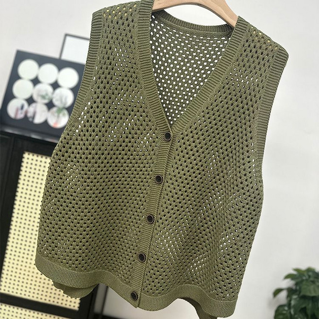 여성 봄 여름 니트 조끼 캐주얼 브이넥 니트 베스트 빈티지 얇은 펀칭 니트 루즈핏 민소매 니트 조끼 베스트 빅사이즈