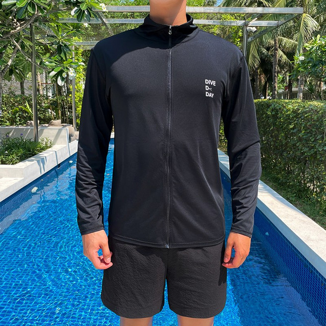 남성 수영복 래쉬가드 루즈핏 긴팔 집업 상의 SW19809F, 블랙