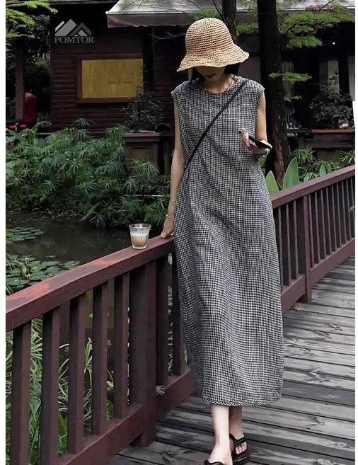 POMTOR 여름 여성 빅 사이즈 면마 스 민소매원피스