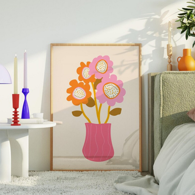 하루애 디자인 인테리어 포스터 거실 감성 꽃 그림 빈티지 일러스트 포스터, F03, 블랙