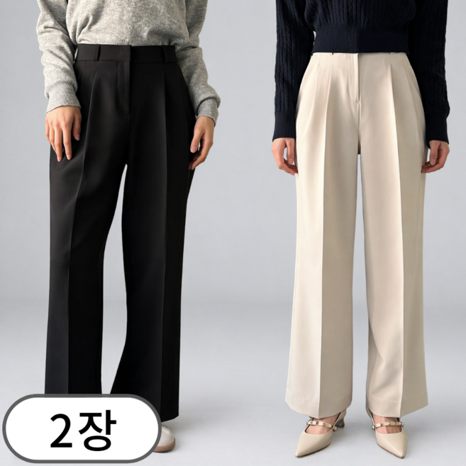 [1+1] 여성 사방스판 하이웨스트 히든밴딩 핀턱 와이드핏 슬랙스 팬츠 (7155-2)