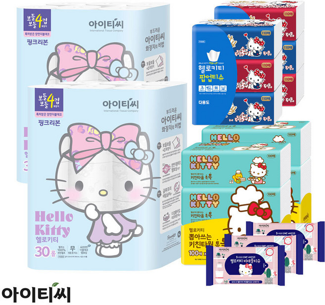 헬로키티 핑크리본 화장지 세트 60롤+골드팝업6개+키친타월6개+비데물티슈휴대3팩, 1개, 단품