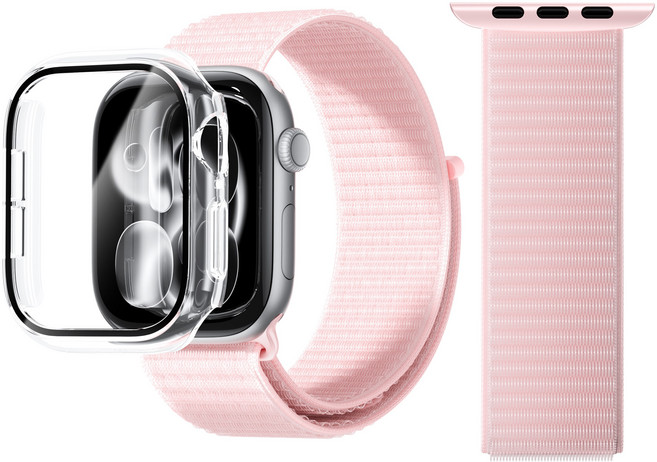 AITEWO 애플워치 호환 나일론 벨크로핏 스트랩 밴드 일체형 액정보호 케이스 세트, 1개, 핑크