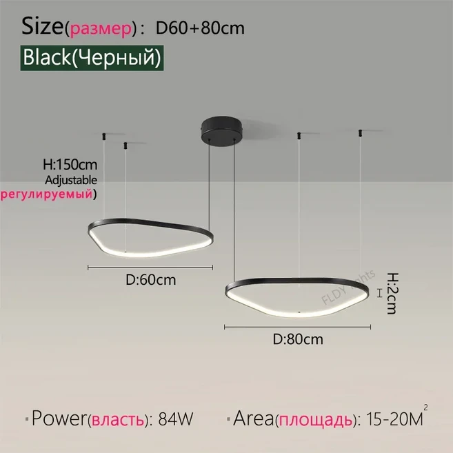 2025 모던 디자이너 샹들리에 펜던트 조명 천장용 현대 홈 데코 장식품 인테리어 램, Cool White (6000K), Black 2 Rings M