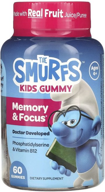 THE SMURFS 藍色小精靈 孩童磷脂絲胺酸&維他命B12軟糖 莓果口味, 1罐, 60顆