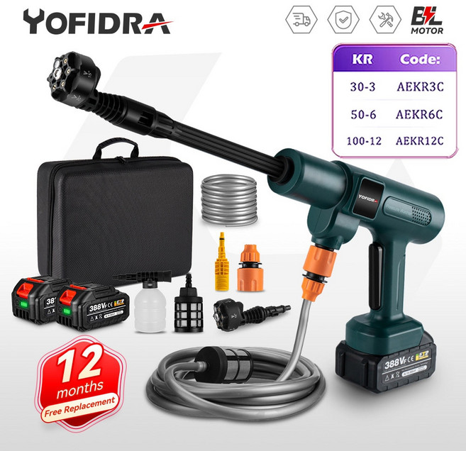 무선 고압 세차기 세차건 휴대용 유선 Yofidra 브러시리스 전기 세척기 6 인 1 세차 정원 물총 마키타 18V 배터리 스프레이건 200Bar 3500W, [01] NO 배터리, [01] EU 플러그