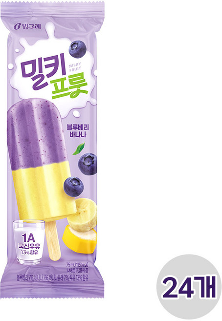 빙그레 밀키프룻 블루베리바나나, 24개, 75ml