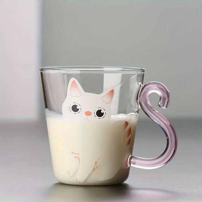 창의적인 고양이 유리컵 핸들 달린 카툰 고양이 주스 얼음컵 커피잔 용량 300ml, 1개, 분홍색