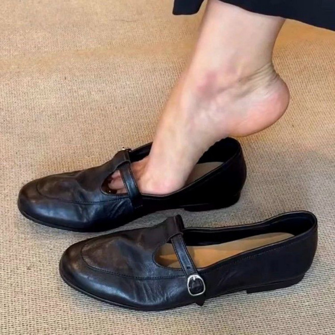 UNIQUEZON 여성 레트로 양가죽 메리제인 슈즈 플랫 단화 샌들