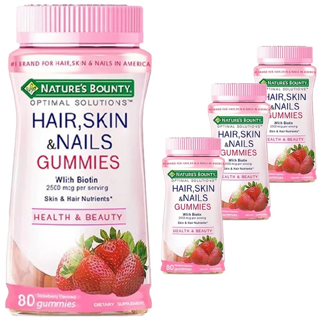 네이쳐스바운티 옵티말 솔루션스 헤어 스킨 앤 네일 구미스 비오틴 2500mcg, 80정, 4개 - 쿠팡