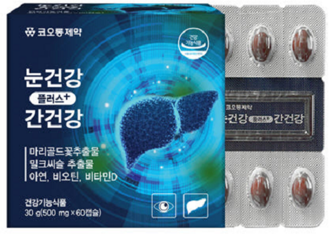 코오롱제약 눈건강 플러스+ 간건강 마리골드꽃추출물 밀크씨슬 추출물 아연 비오틴 비타민D 건강기능식품 30g (500mg x 60캡슐), 1개, 60정
