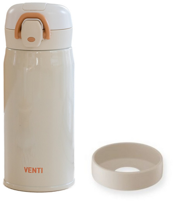 벤티 유치원 초등 원터치 보온병+실리콘바닥커버 세트, 샤인베이지, 350ml, 1개