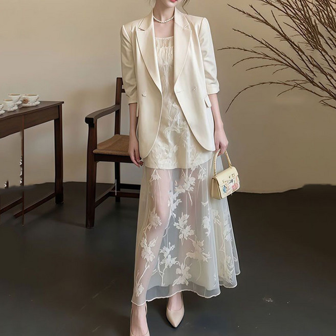 FANSYLI 여성 투피스 세트 고급 정장 원피스 세트 결혼식 하객룩 정장 재킷+나시 레이스 원피스 투피스 X2603M19