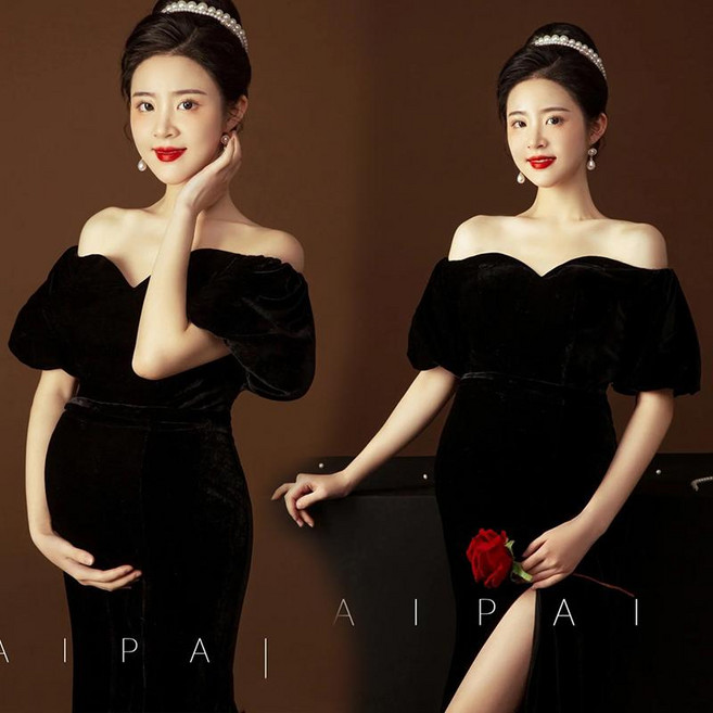 만삭 촬영 원피스 오프숄더 의상 베이비샤워 주수사진 화보 사진옷, 핑크 레드 벨벳 오프숄더 슬립 90-150