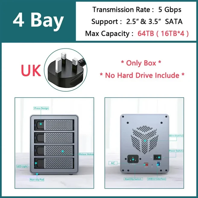 NAS 스토리지용 Yottamaster 2.5 3.5인치 SATA HDD SSD 인클로저 2/4/5 베이 슬롯 포트 RAID 외부 케이스, 04 4 Bay with UK plug, 04 4 Bay with UK plug