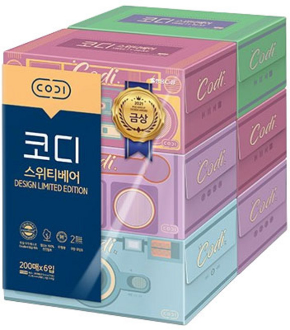 코디 스위티베어 천연펄프 각티슈 2겹, 200매, 6개