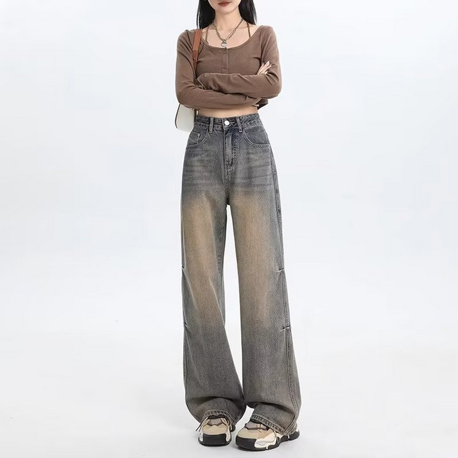 SAHINER 가을 여성용 트렌디 하이웨이스트 와이드핏 워싱 데님 팬츠 LWBNZ52