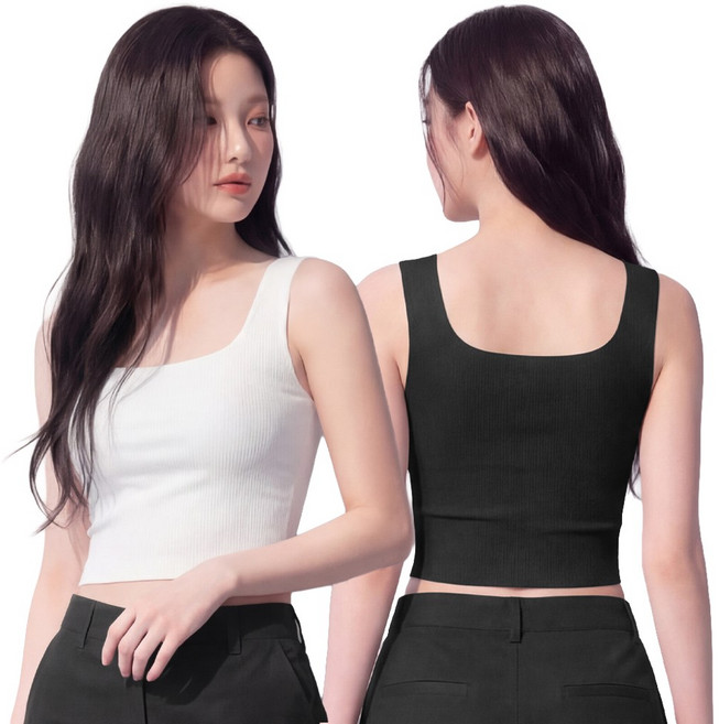 라뷰드 2개 세트 부유방 커버 캡내장 스퀘어넥 크롭 나시 여성 무봉제 골지 나시티 사계절 슬림핏 심리스 민소매 이너 상의 탈부착 패드 0.7cm