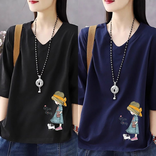 ROYALBELLE (1+1)2장묶음 여성용 V넥 7부소매 티셔츠 봄여름 빅사이즈 루즈핏 반팔티 D0021211